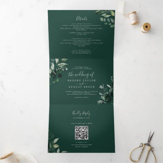Emerald Greenery | Groene foto QR-code bruiloft Drieluik Uitnodiging (Binnen)