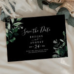 Emerald Greenery | Horizontaal zwart Save The Date<br><div class="desc">Deze smaragdgroene zwarte horizontale kaart is perfect voor een boho bruiloft. Het elegante maar rustige ontwerp is voorzien van rooddonkergroene waterverf bladeren en eucalyptus met een modern boeienbos.</div>