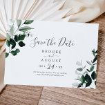 Emerald Greenery Horizontal Save The Date<br><div class="desc">Deze emerald greenery horizontaal sparen de date kaart is perfect voor een boho bruiloft. Het elegante maar rustige ontwerp is voorzien van rooddonkergroene waterverf bladeren en eucalyptus met een modern boeienbos.</div>