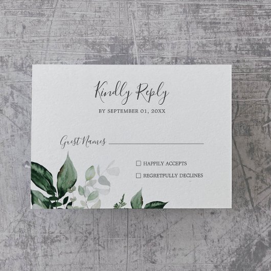 Emerald Greenery Horizontal Wedding RSVP Kaart