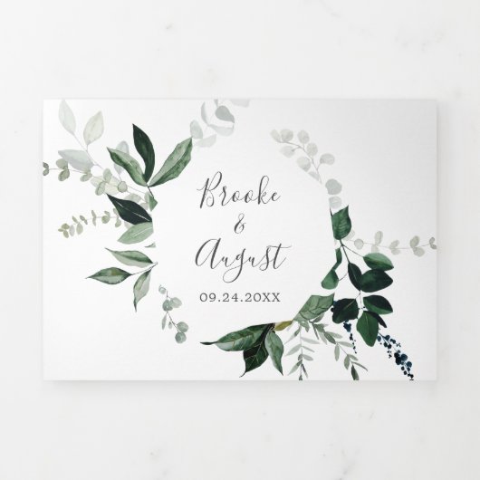 Emerald Greenery | Leaf Back Wedding All in One Drieluik Uitnodiging (Cover)