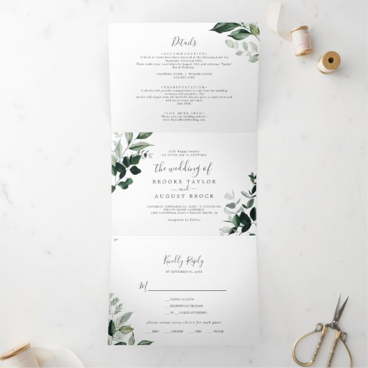 Emerald Greenery | Leaf Back Wedding All in One Drieluik Uitnodiging (Binnen)