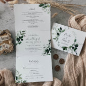 Emerald Greenery | Leaf Back Wedding All in One Drieluik Uitnodiging