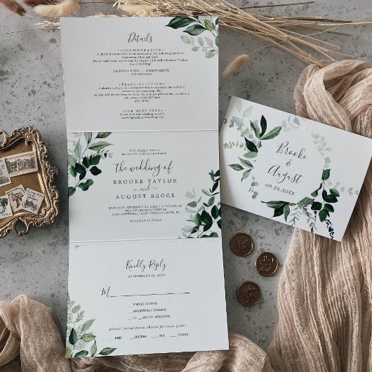 Emerald Greenery | Leaf Back Wedding All in One Drieluik Uitnodiging