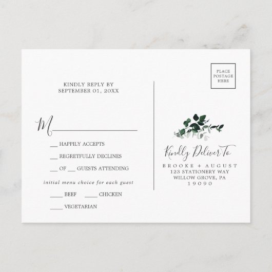 Emerald Greenery Menu Choice Wedding RSVP Briefkaa (Achterkant)