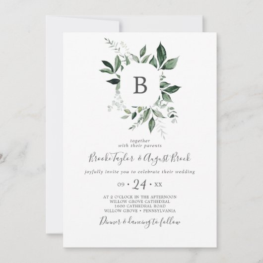 Emerald Greenery Monogram Wedding Kaart (Voorkant)