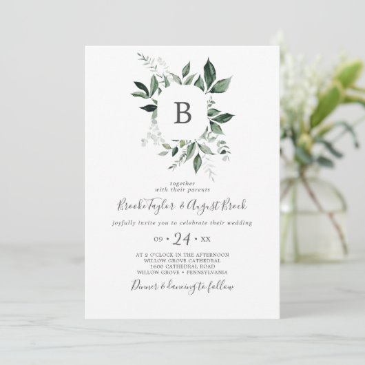 Emerald Greenery Monogram Wedding Kaart (Staand voorkant)