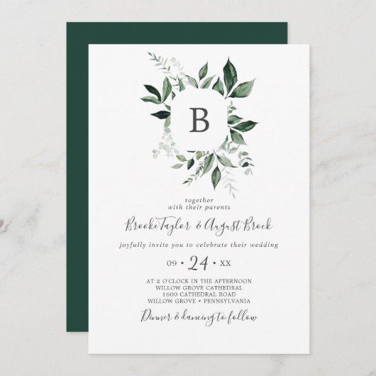 Emerald Greenery Monogram Wedding Kaart (Voorkant / Achterkant)