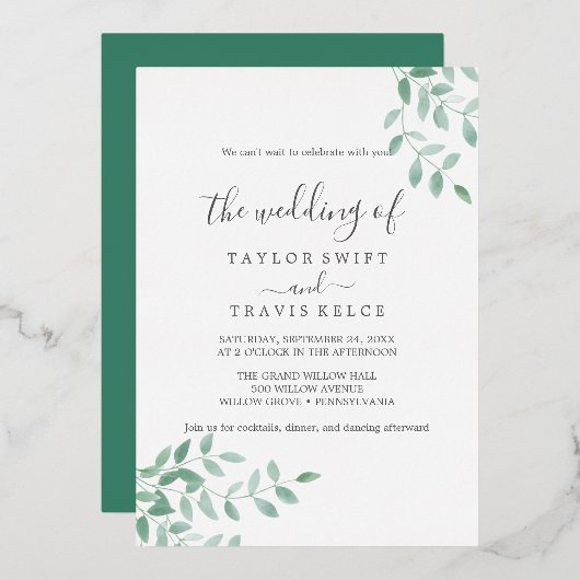 Emerald Greenery | Roos Gold Foil Weddenschap Folie Uitnodiging (Voorkant / Achterkant)