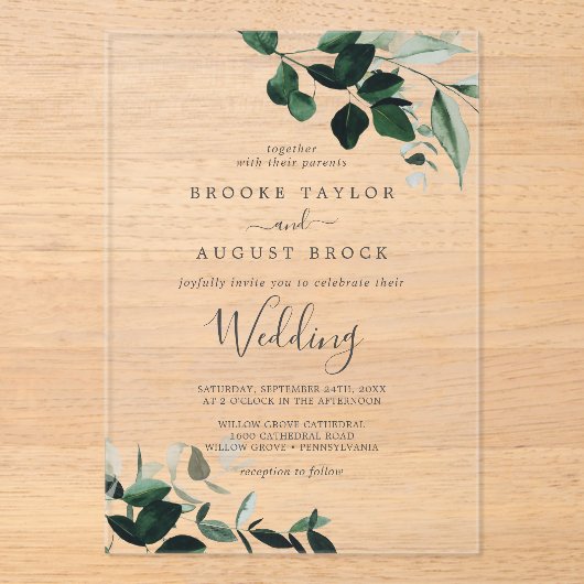 Emerald Greenery Rustiek Modern Boho Moody Wedding Acryl Uitnodigingen (Voorkant)