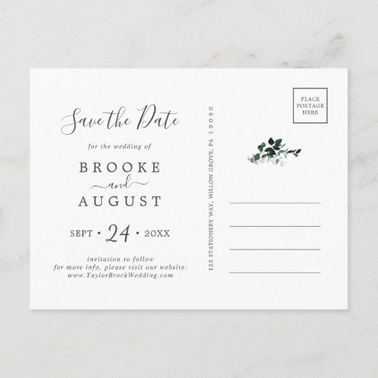 Emerald Greenery Save the Date Briefkaart (Achterkant)