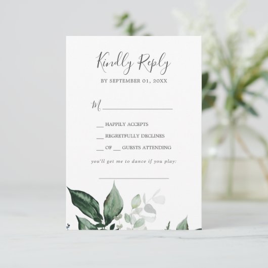 Emerald Greenery Song Request Wedding RSVP Kaart (Staand voorkant)