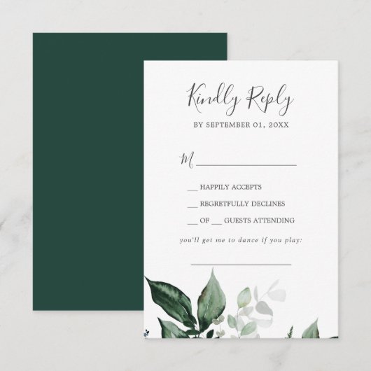 Emerald Greenery Song Request Wedding RSVP Kaart (Voorkant / Achterkant)