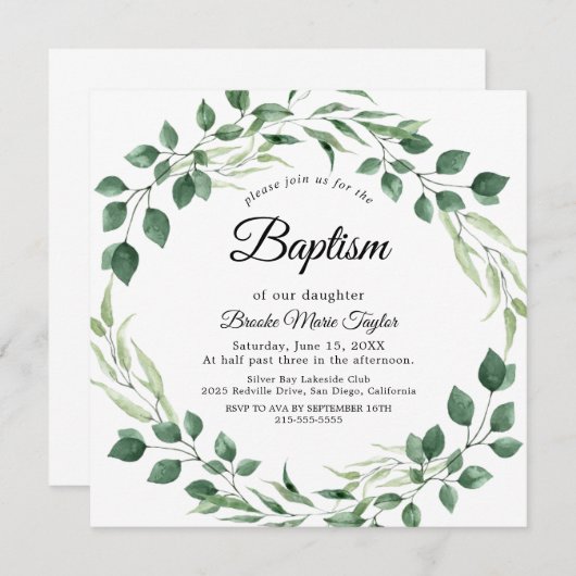 Emerald Greenery Square Doopuitnodiging Kaart (Voorkant / Achterkant)