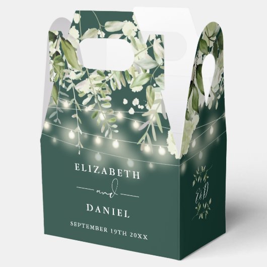 Emerald Greenery String Lights Monogram Huwelijk Bedankdoosjes (Geopend)