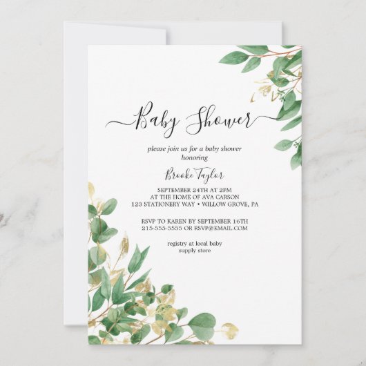 Emerald Greenery | Uitnodiging voor grijs Baby sho (Voorkant)
