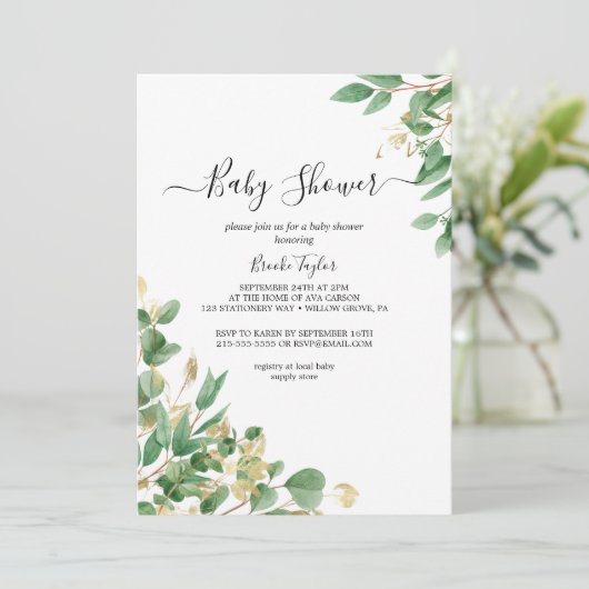 Emerald Greenery | Uitnodiging voor grijs Baby sho (Staand voorkant)