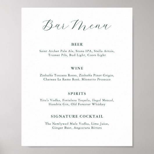 Emerald Greenery Vintage Wedding Bar Menu Poster (Voorkant)