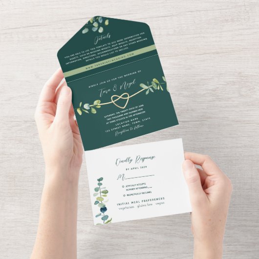 Emerald Greenery Wedding All In One Uitnodiging (Afscheurbaar)
