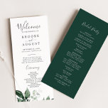 Emerald Greenery Wedding Program Programmakaart<br><div class="desc">Dit emerald greenery trouwprogramma is perfect voor een boho bruiloft. Het elegante maar rustige ontwerp is voorzien van rooddonkergroene waterverf bladeren en eucalyptus met een modern boeienbos. Omvat de naam van de bruid en de bruidegom, de trouwdatum en de plaats, dank u bericht, de orde van dienst, de bruidpartij en...</div>