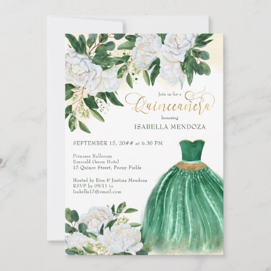 Emerald Greenery White Peony Princess Quinceanera Kaart (Voorkant)