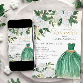 Emerald Greenery White Peony Princess Quinceanera Kaart
