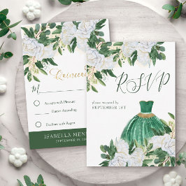 Emerald Greenery White Peony Quinceanera Princess RSVP Kaartje