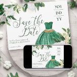 Emerald Greenery White Peony Quinceanera Princess Save The Date<br><div class="desc">Emerald Green Quinceanera Save the Date card with green and gold princess gown and waterverf floral arranes of white peony bloemen and greenery. Sparen de Datum wordt letterlijk gemaakt in schemerkalligrafie en de resterende formulering in elegante serif typografie. Zie het collectie Emerald Greenery & White Peony voor overeenkomende objecten of...</div>