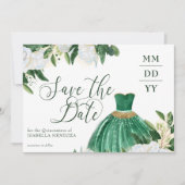 Emerald Greenery White Peony Quinceanera Princess Save The Date (Voorkant)