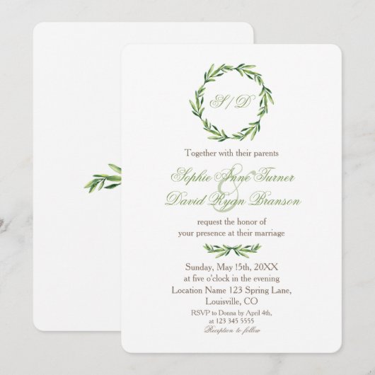 Emerald Greenery Wreath Monogram Wedding Kaart (Voorkant / Achterkant)