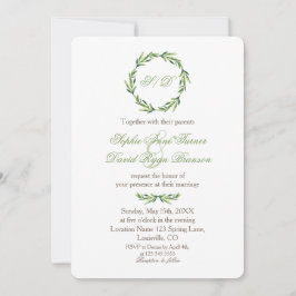 Emerald Greenery Wreath Monogram Wedding Kaart
