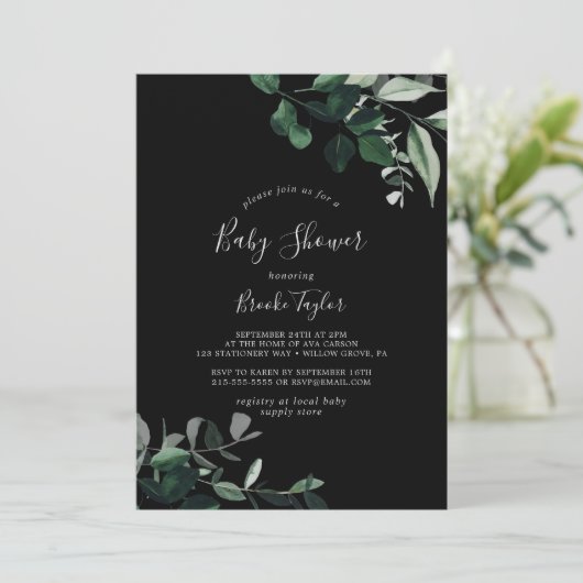Emerald Greenery | Zwart Baby shower Kaart (Staand voorkant)