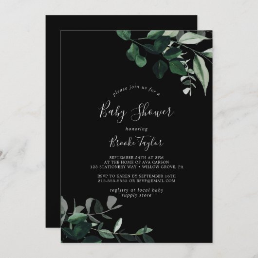 Emerald Greenery | Zwart Baby shower Kaart (Voorkant / Achterkant)