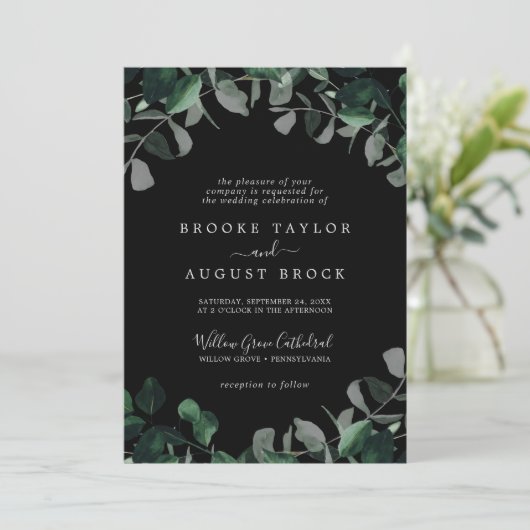 Emerald Greenery | Zwart formeel huwelijk Kaart (Staand voorkant)