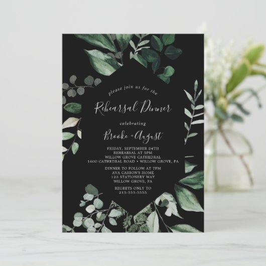 Emerald Greenery | Zwart repetitief diner Kaart (Staand voorkant)