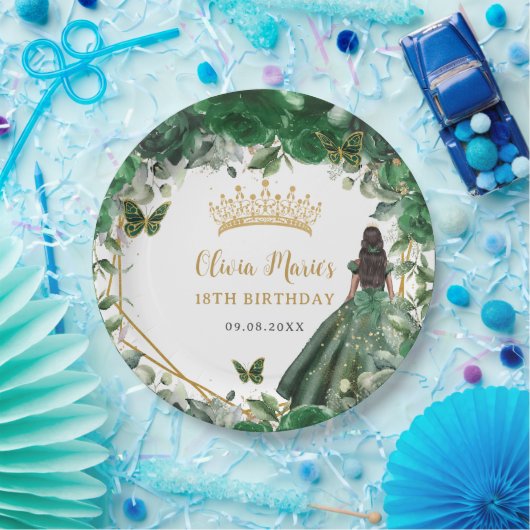 Emerald Groen Bloemen Bruin Prinses 18e Verjaardag Papieren Bordje (Feest)