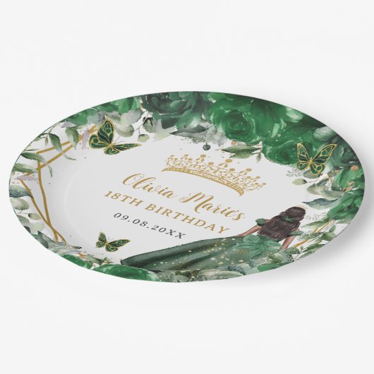 Emerald Groen Bloemen Bruin Prinses 18e Verjaardag Papieren Bordje (Gekanteld)