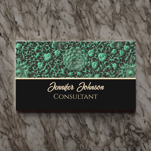  Emerald Groen Bloemen Roos met Goud Script Visitekaartje