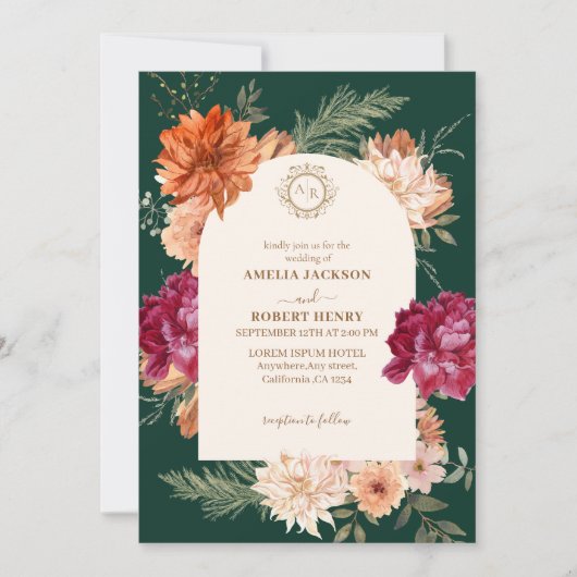 Emerald groen en bordeauxrode bloemen vallen bruil kaart (Voorkant)