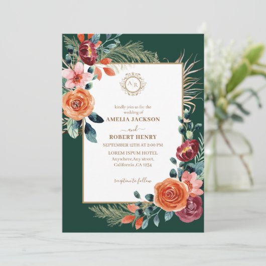 Emerald groen en bordeauxrode bloemen vallen bruil kaart (Staand voorkant)