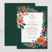 Emerald groen en bordeauxrode bloemen vallen bruil kaart (Voorkant / Achterkant)