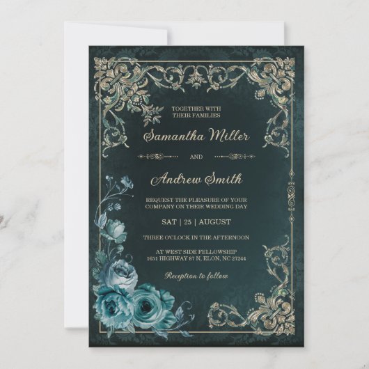 Emerald Groen en Gouden Bruiloft Kaart (Voorkant)