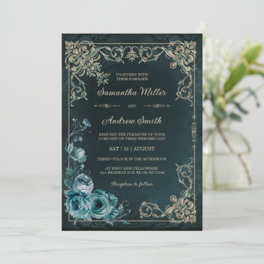 Emerald Groen en Gouden Bruiloft Kaart (Staand voorkant)