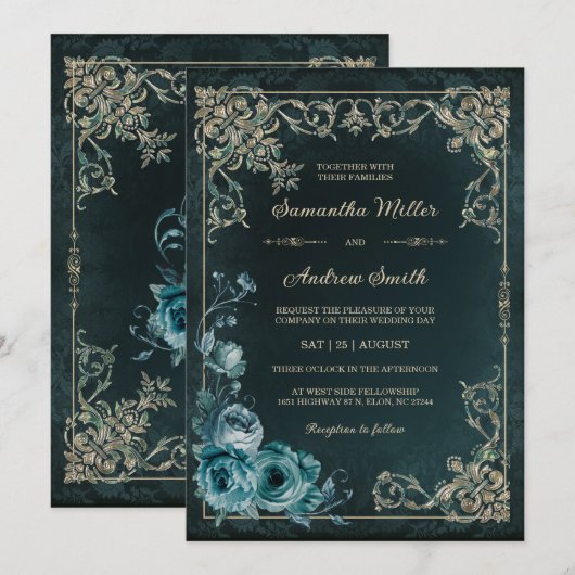 Emerald Groen en Gouden Bruiloft Kaart (Voorkant / Achterkant)