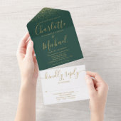 Emerald Groen En Gouden Glitter Script Bruiloft All In One Uitnodiging (Afscheurbaar)