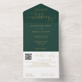 Emerald Groen En Gouden Script QR Code Trouwfeest All In One Uitnodiging (Binnen)