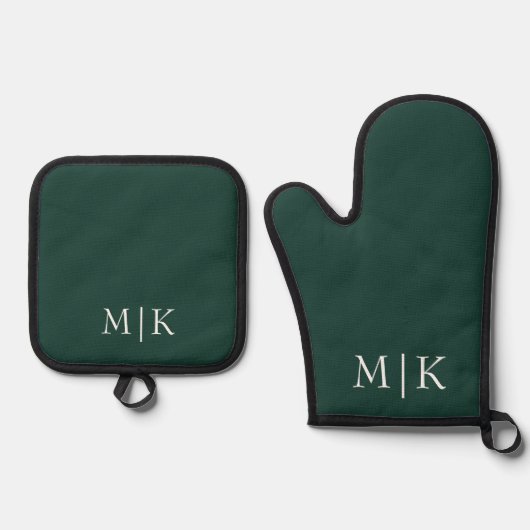 Emerald groen en wit | Modern monogram Ovenwant & Pannenlap Set (Voorkant)