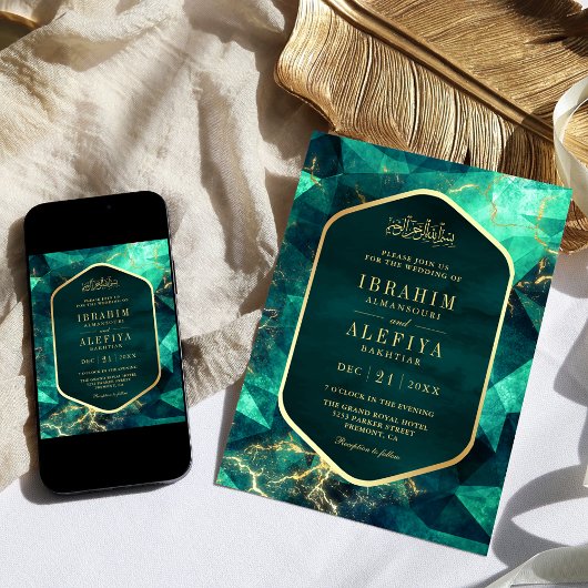 Emerald Groen Goud Edelsteen Moslim Bruiloft Kaart