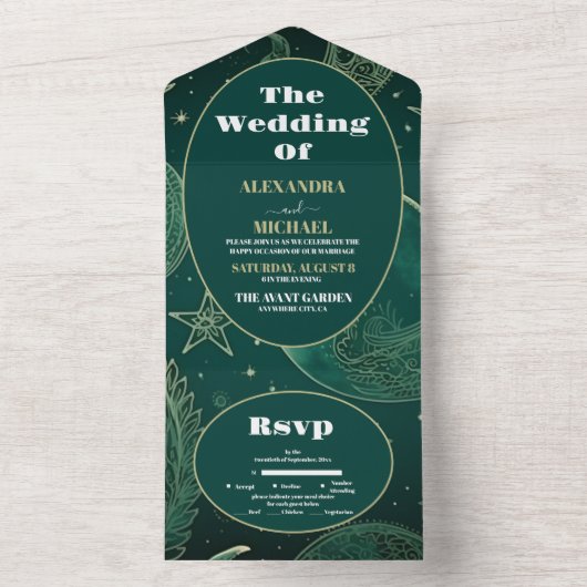Emerald Groen Goud Hemelse Bruiloft All In One Uitnodiging (Binnen)