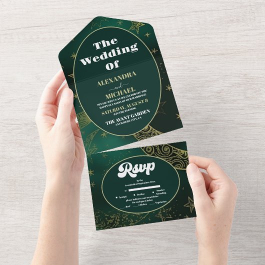 Emerald Groen Goud Hemelse Bruiloft All In One Uitnodiging (Afscheurbaar)